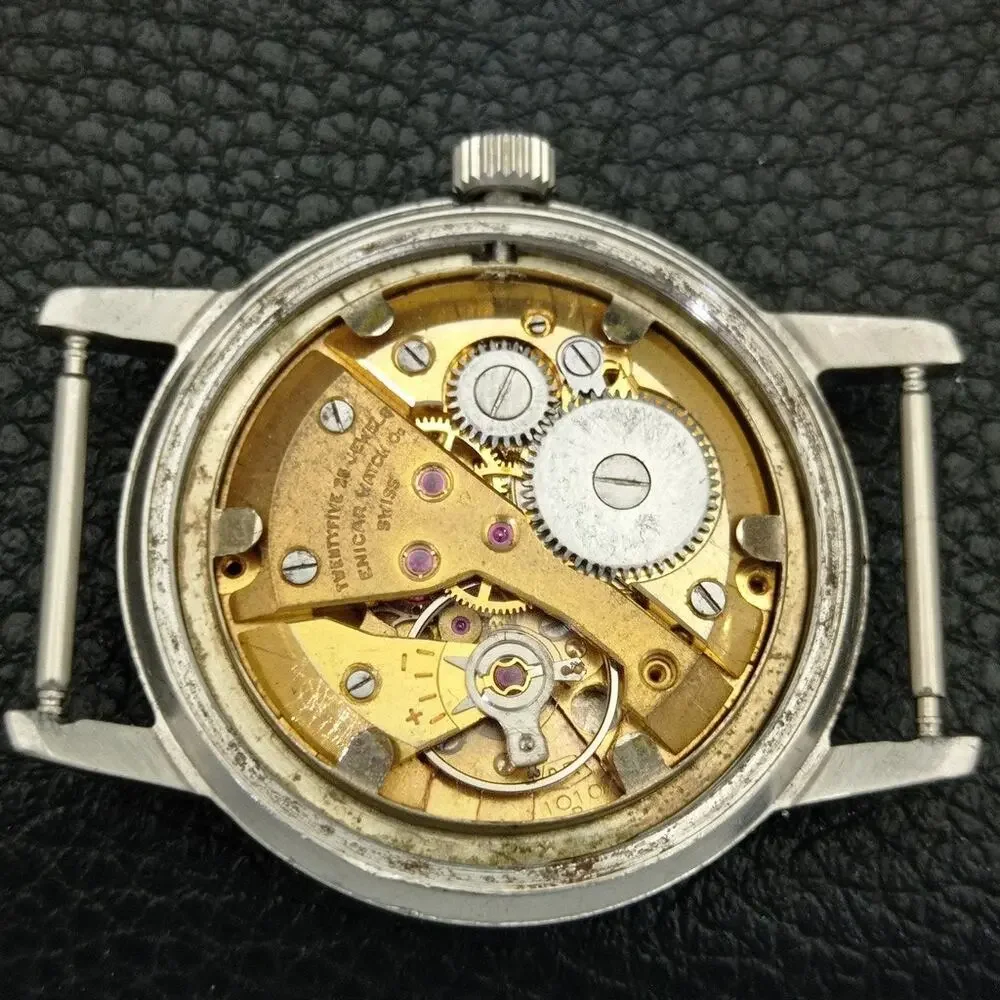 Vintage 1984 Enicar Automatic Mens Silver Watch & Yellow accents